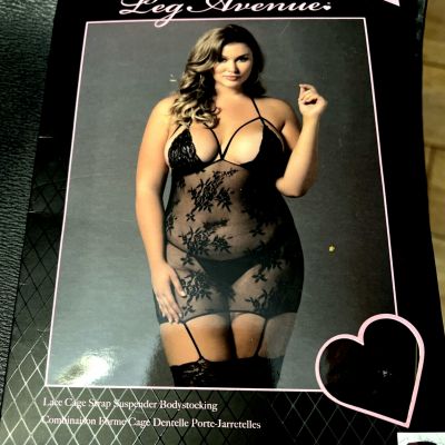 Lace Cage Strap Suspender Bodystocking - Black - Plus Sz 150/200 lbs NEW